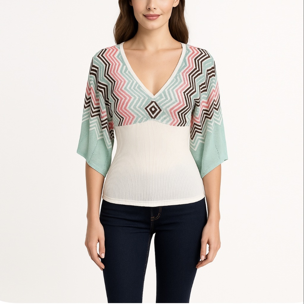 NWOT XOXO Knit Chevron Zig Zag Kimono Sleeve Sweater Top Size S V-Neck Fitted